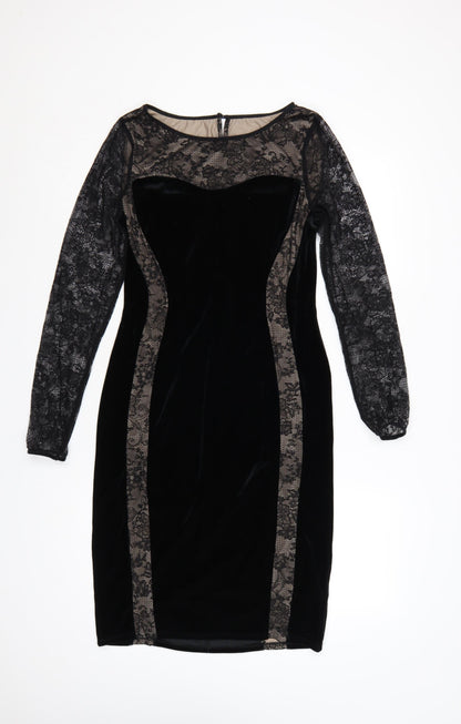 M&S Women Black UK 12 Velvet Lace Bodycon Knee Dress