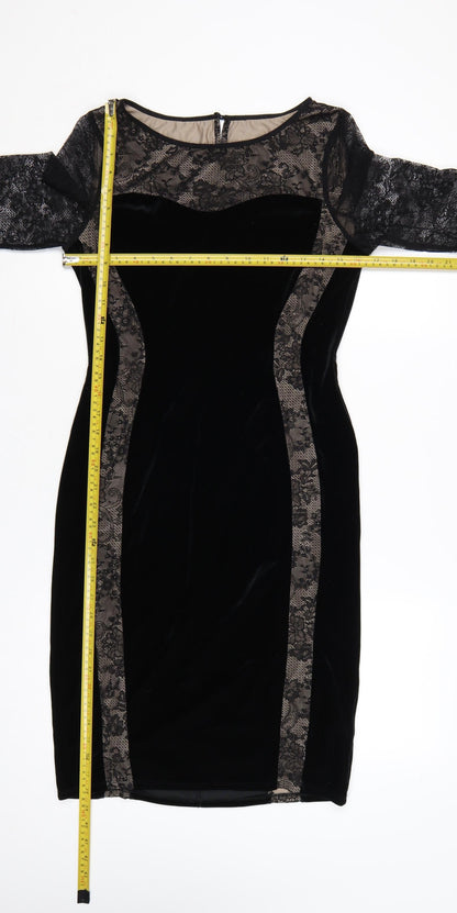 M&S Women Black UK 12 Velvet Lace Bodycon Knee Dress