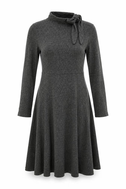 Zara Women Grey Marl S Knit Jumper Dress V-Neck Long Sleeve Tie
