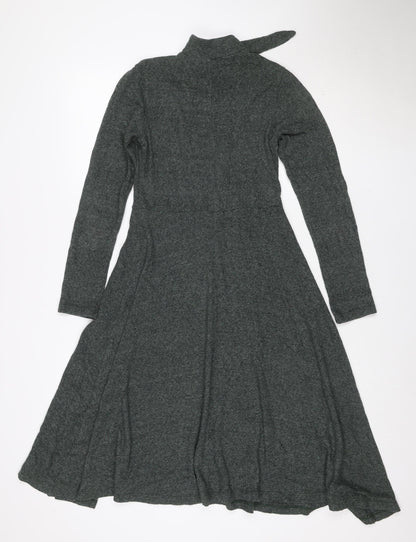 Zara Women Grey Marl S Knit Jumper Dress V-Neck Long Sleeve Tie