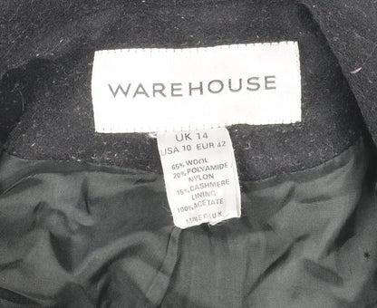 Warehouse Women Black UK 14 Wool Cashmere Belted Double Breasted Coat
