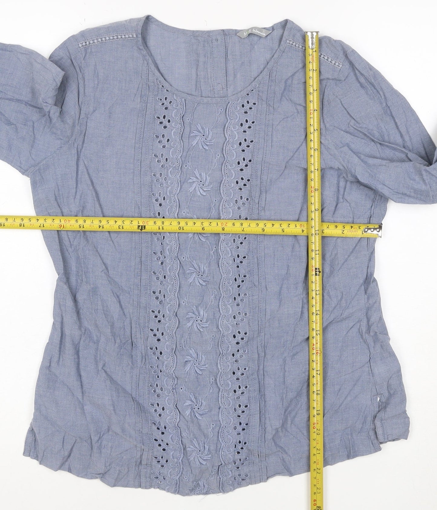 Marks and Spencer Women Blue UK 12 Embroidered Cotton Tunic Blouse