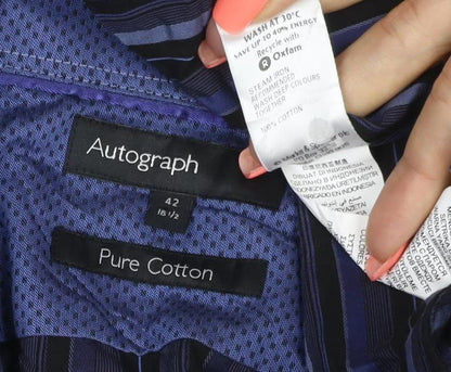 Autograph Men’s Blue Striped Pure Cotton 16.5in 42in Long Sleeve Shirt