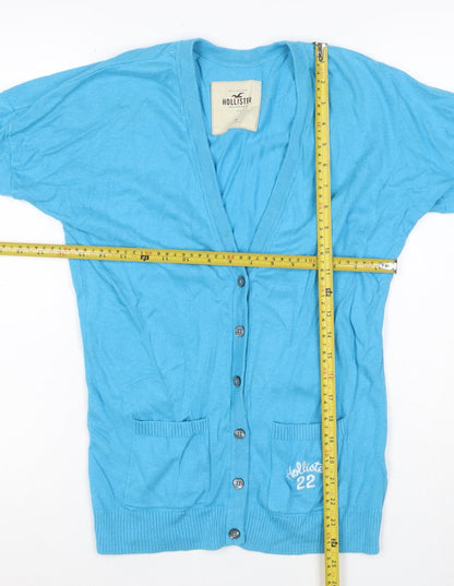 Hollister Women Blue M V-Neck Button Logo Knit Cardigan