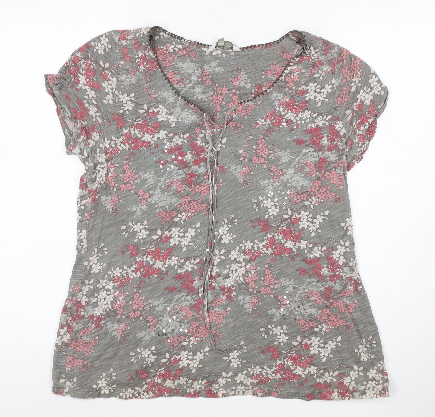 John Rocha Women Grey Floral Sequin Tie V-Neck Cap Sleeve Blouse Size 14