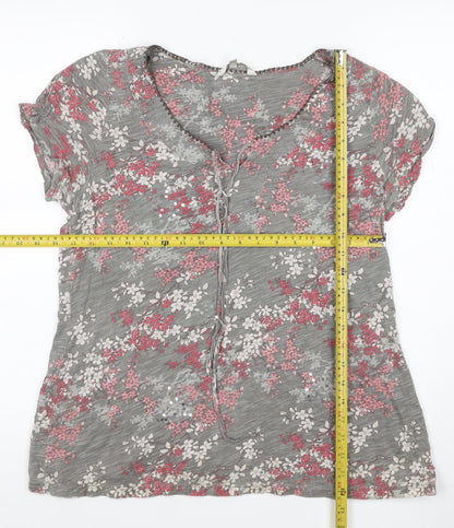 John Rocha Women Grey Floral Sequin Tie V-Neck Cap Sleeve Blouse Size 14