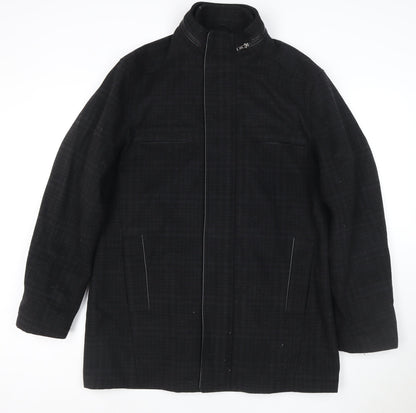 River Island Men Black Check Wool Blend Zip Overcoat UK L