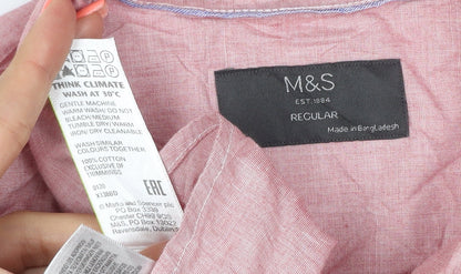Marks & Spencer Men Pink L Regular Cotton Short Sleeve Button-Up Shirt