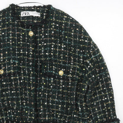 Zara Women Green S Bouclé Check Gold Button Double-Breasted Jacket
