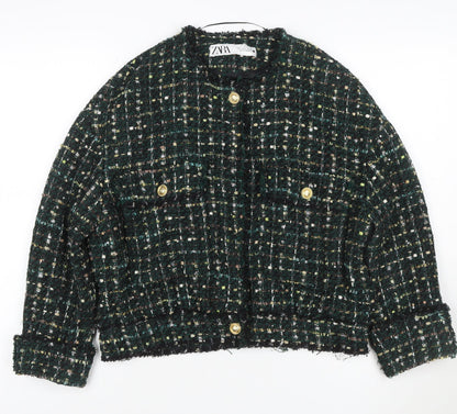 Zara Women Green S Bouclé Check Gold Button Double-Breasted Jacket
