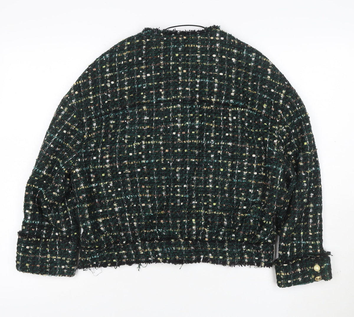 Zara Women Green S Bouclé Check Gold Button Double-Breasted Jacket