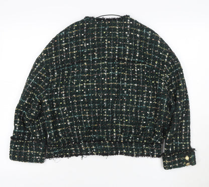 Zara Women Green S Bouclé Check Gold Button Double-Breasted Jacket