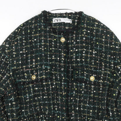 Zara Women Green S Bouclé Check Gold Button Double-Breasted Jacket