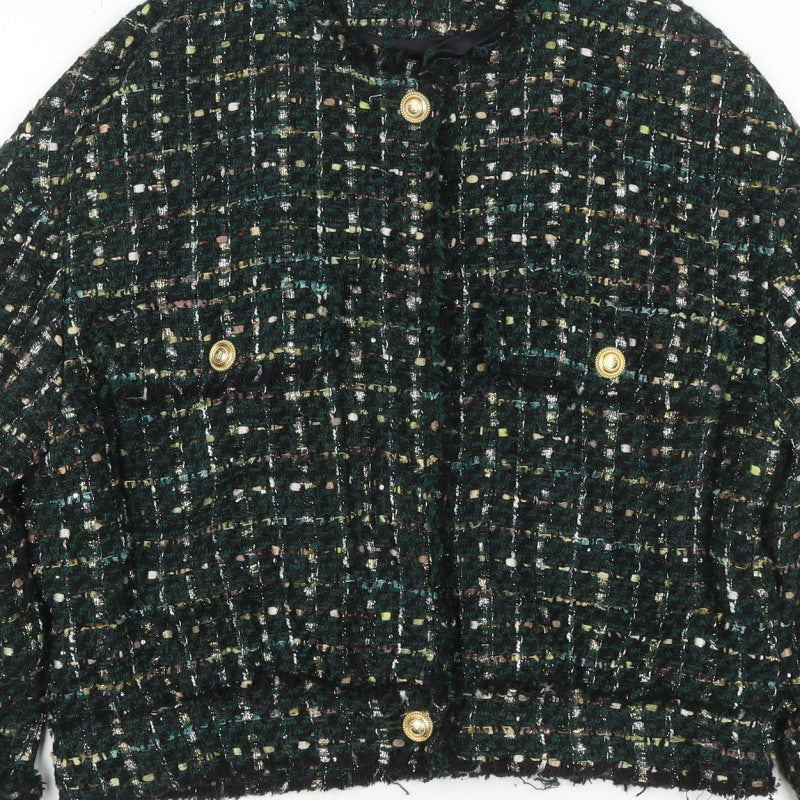 Zara Women Green S Bouclé Check Gold Button Double-Breasted Jacket