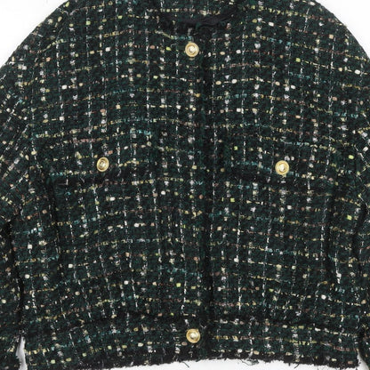 Zara Women Green S Bouclé Check Gold Button Double-Breasted Jacket