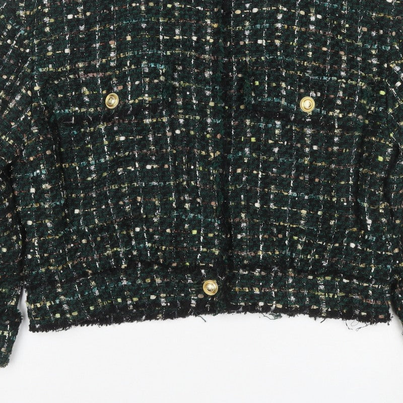 Zara Women Green S Bouclé Check Gold Button Double-Breasted Jacket