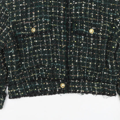 Zara Women Green S Bouclé Check Gold Button Double-Breasted Jacket