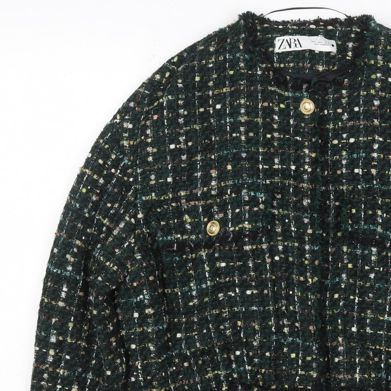 Zara Women Green S Bouclé Check Gold Button Double-Breasted Jacket