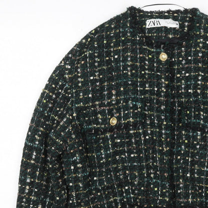 Zara Women Green S Bouclé Check Gold Button Double-Breasted Jacket