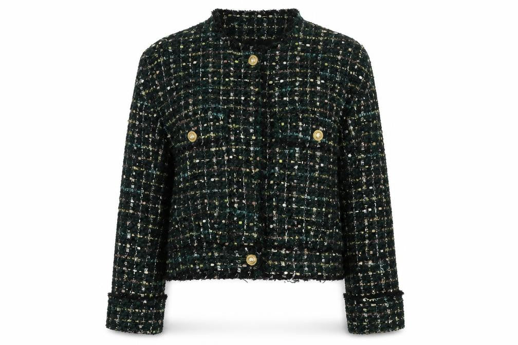 Zara Women Green S Bouclé Check Gold Button Double-Breasted Jacket