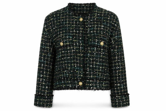 Zara Women Green S Bouclé Check Gold Button Double-Breasted Jacket