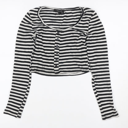 New Look Women Black White Striped Cropped Henley T-Shirt UK 6