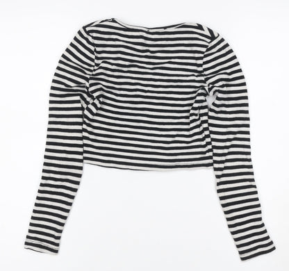 New Look Women Black White Striped Cropped Henley T-Shirt UK 6