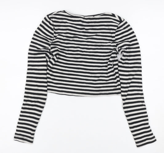 New Look Women Black White Striped Cropped Henley T-Shirt UK 6