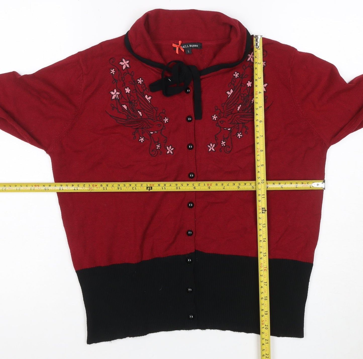 Hell Bunny Women’s Red Bird Embroidered Bow Knit Cardigan L