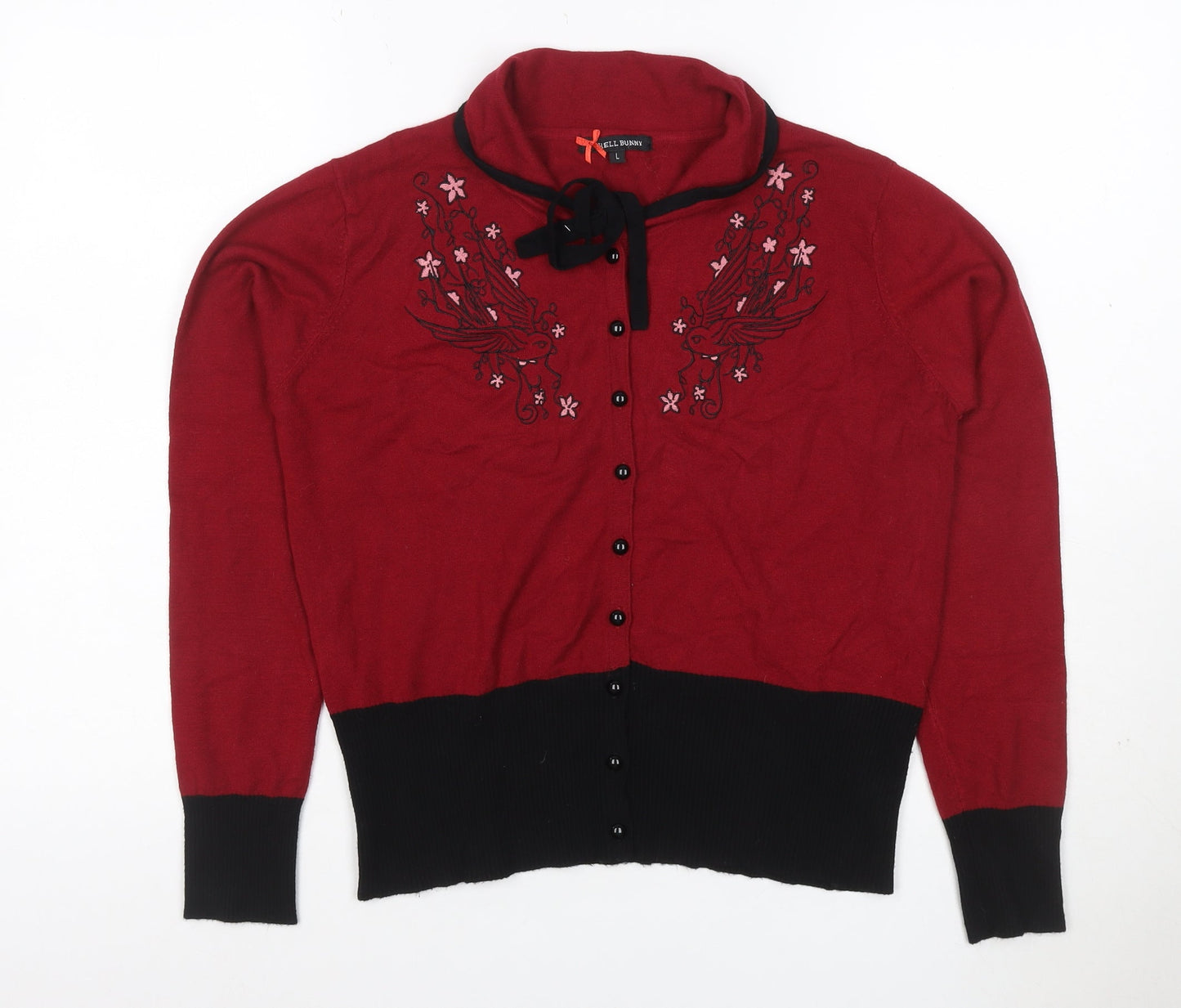 Hell Bunny Women’s Red Bird Embroidered Bow Knit Cardigan L