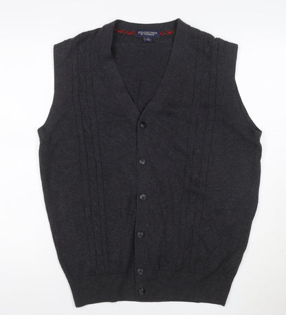 Roundtree & Yorke Men Grey L Cable Knit Button V-Neck Cardigan Vest