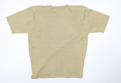 Casual Corner Women Gold Metallic Knit Top M Short Sleeve Crew Neck