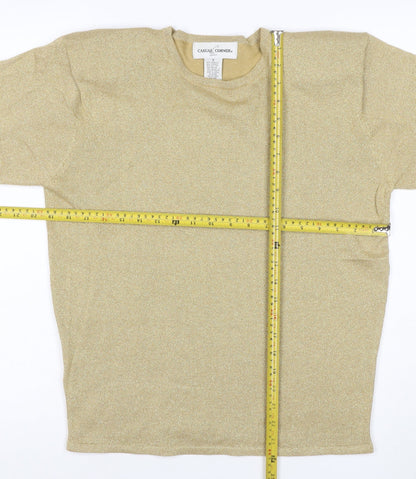 Casual Corner Women Gold Metallic Knit Top M Short Sleeve Crew Neck