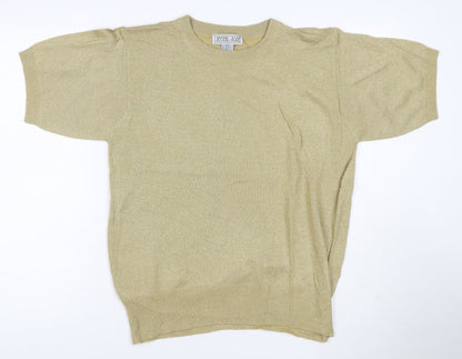 Crystal-Kobe Women Gold S Metallic Knit Short Sleeve Crew Neck Top