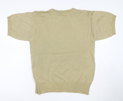 Crystal-Kobe Women Gold S Metallic Knit Short Sleeve Crew Neck Top