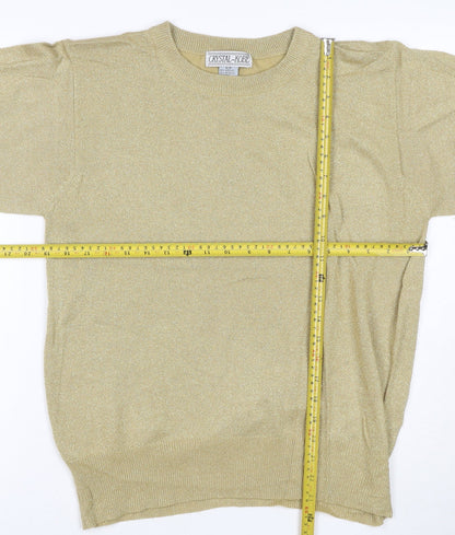 Crystal-Kobe Women Gold S Metallic Knit Short Sleeve Crew Neck Top