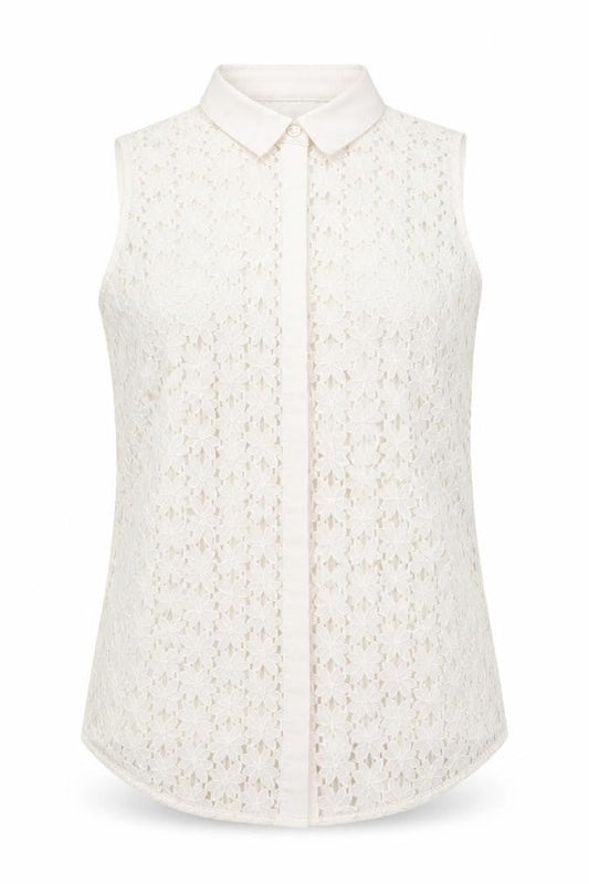 Jack Wills Women Ivory UK 6 Sleeveless Lace Floral Collared Button Blouse