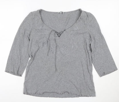 Per Una Women Grey UK 18 Embroidered Floral Lace-Up 3/4 Sleeve Blouse