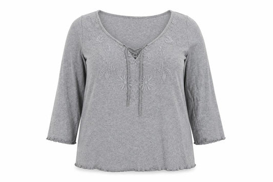 Per Una Women Grey UK 18 Embroidered Floral Lace-Up 3/4 Sleeve Blouse