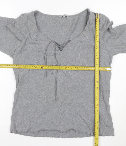 Per Una Women Grey UK 18 Embroidered Floral Lace-Up 3/4 Sleeve Blouse