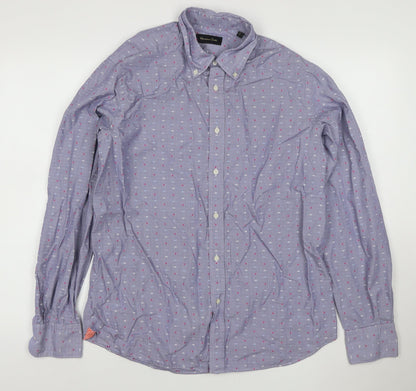 Massimo Dutti Men’s Blue L Cotton Geometric Button-Down Long Sleeve Shirt