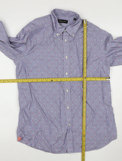 Massimo Dutti Men’s Blue L Cotton Geometric Button-Down Long Sleeve Shirt