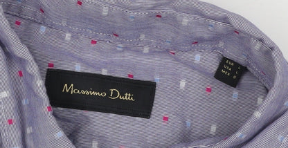 Massimo Dutti Men’s Blue L Cotton Geometric Button-Down Long Sleeve Shirt