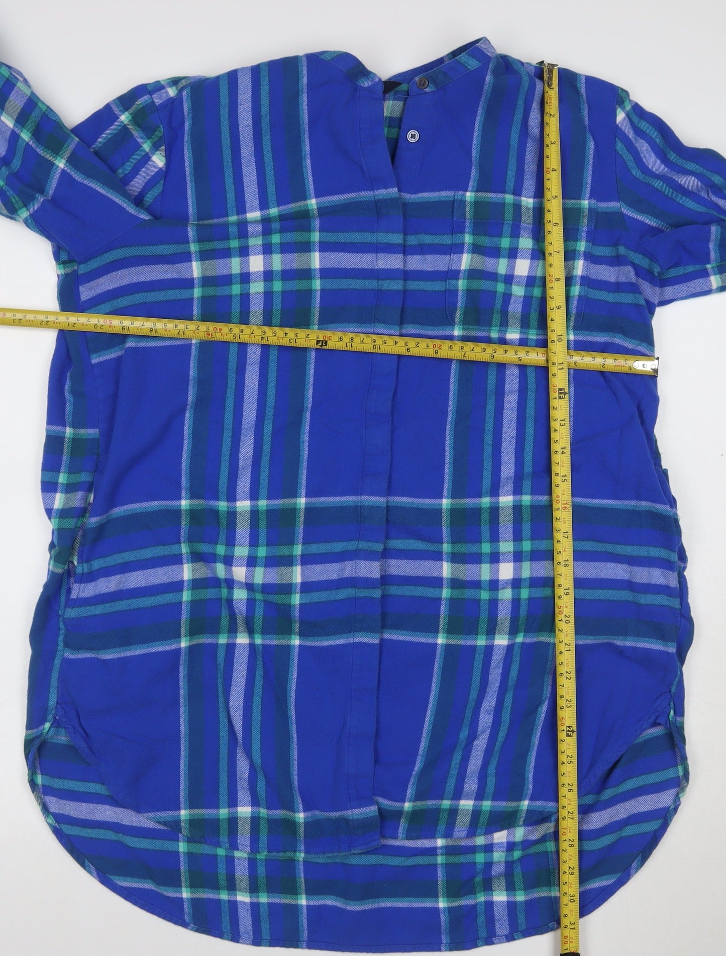 Lands' End Women Blue Plaid L Cotton Long Sleeve Tunic Blouse