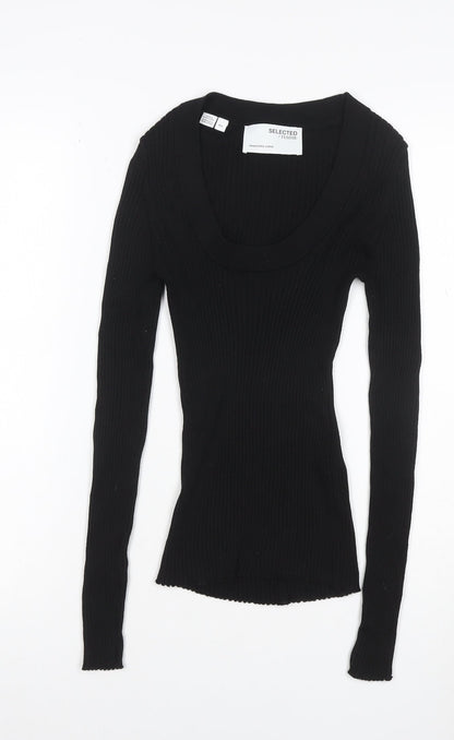 Selected Femme Women Black S Rib Knit Scoop Neck Long Sleeve T-Shirt