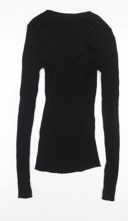 Selected Femme Women Black S Rib Knit Scoop Neck Long Sleeve T-Shirt
