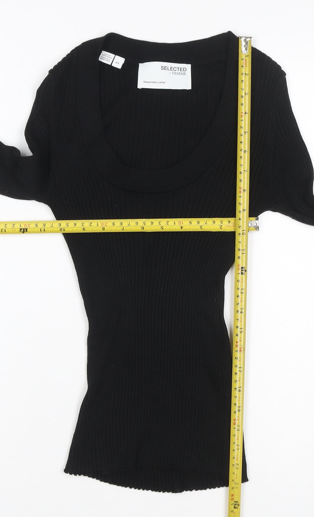 Selected Femme Women Black S Rib Knit Scoop Neck Long Sleeve T-Shirt