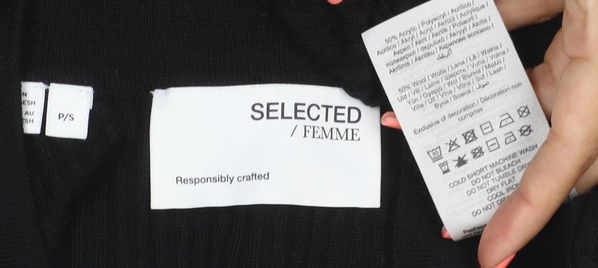 Selected Femme Women Black S Rib Knit Scoop Neck Long Sleeve T-Shirt