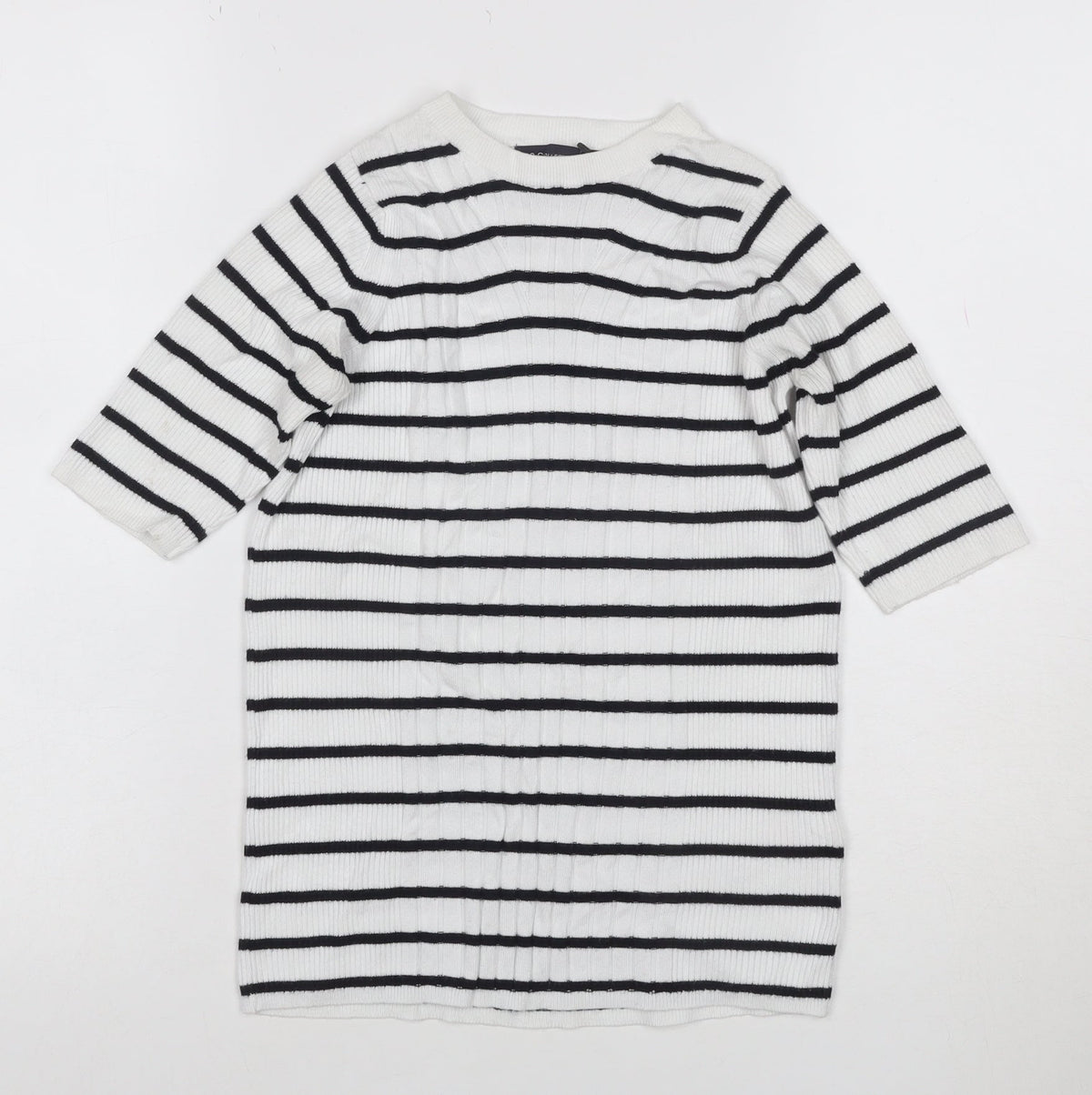 Marks & Spencer Collection Women White Black Striped Rib Knit 3/4 Sleeve Top S