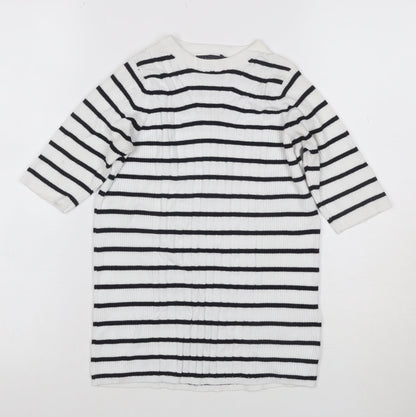 Marks & Spencer Collection Women White Black Striped Rib Knit 3/4 Sleeve Top S